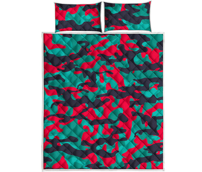 Pink Teal And Black Camouflage Print Quilt Bed Set