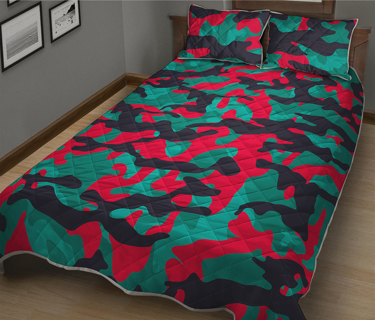 Pink Teal And Black Camouflage Print Quilt Bed Set