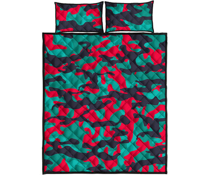 Pink Teal And Black Camouflage Print Quilt Bed Set
