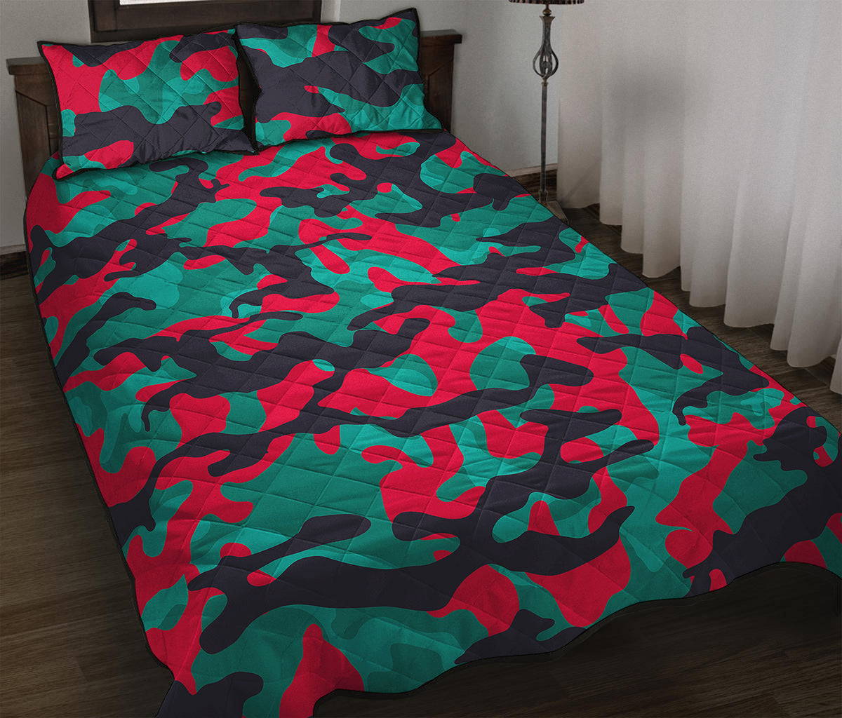 Pink Teal And Black Camouflage Print Quilt Bed Set