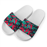 Pink Teal And Black Camouflage Print White Slide Sandals