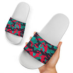 Pink Teal And Black Camouflage Print White Slide Sandals