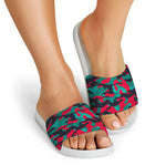 Pink Teal And Black Camouflage Print White Slide Sandals