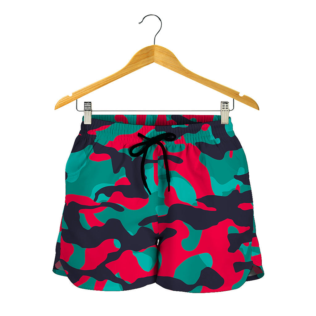 Pink Teal And Black Camouflage Print Women's Shorts