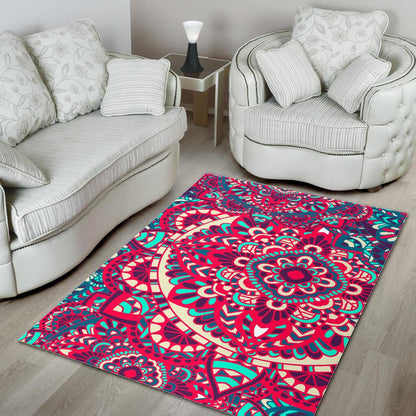 Pink Teal Bohemian Mandala Pattern Print Area Rug GearFrost