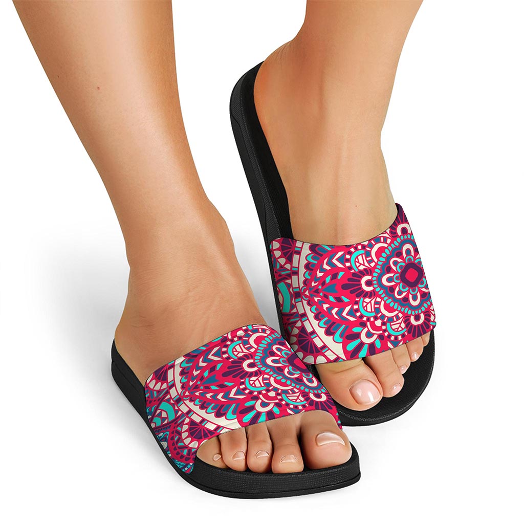 Pink Teal Bohemian Mandala Pattern Print Black Slide Sandals