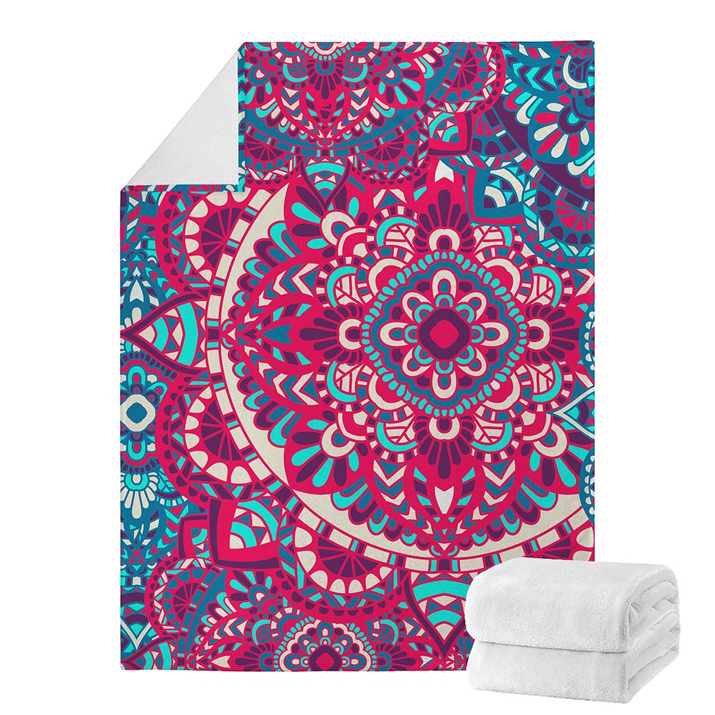 Pink Teal Bohemian Mandala Pattern Print Blanket