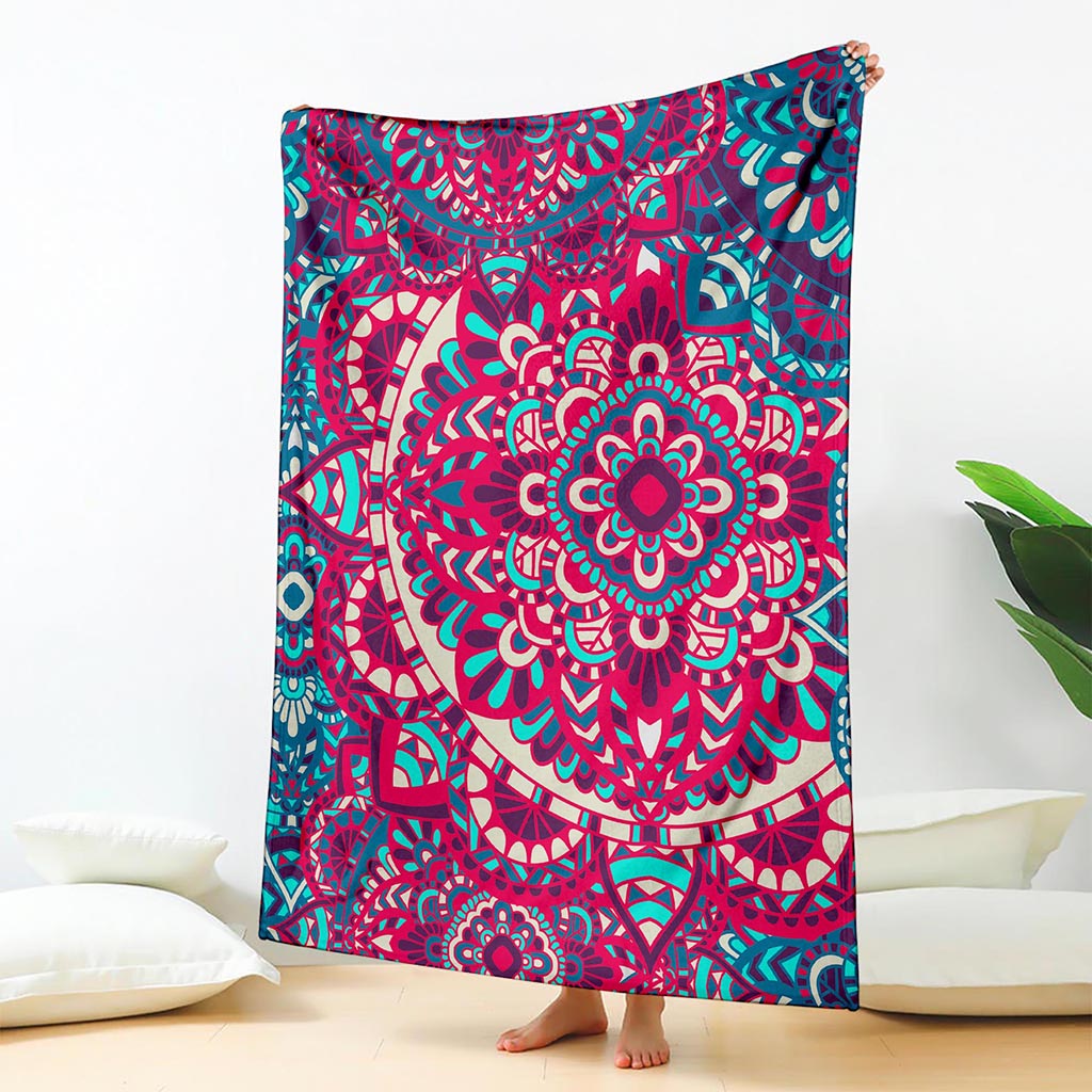 Pink Teal Bohemian Mandala Pattern Print Blanket
