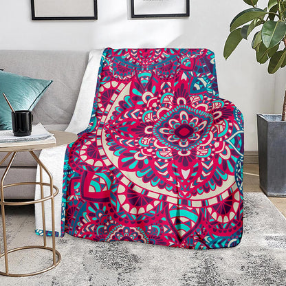 Pink Teal Bohemian Mandala Pattern Print Blanket