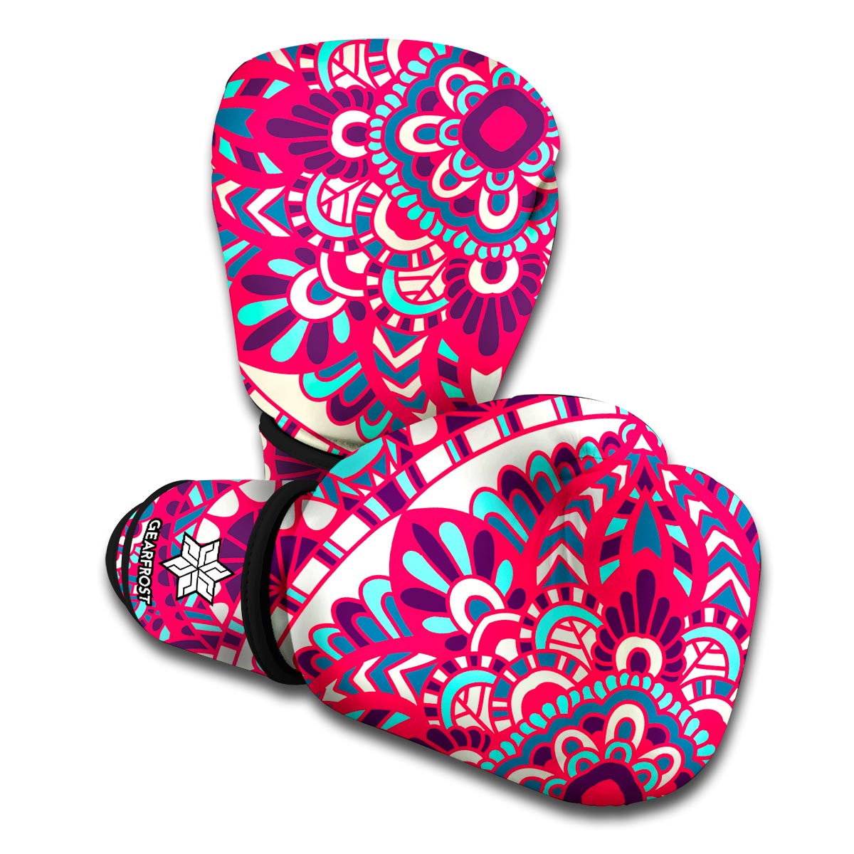 Pink Teal Bohemian Mandala Pattern Print Boxing Gloves