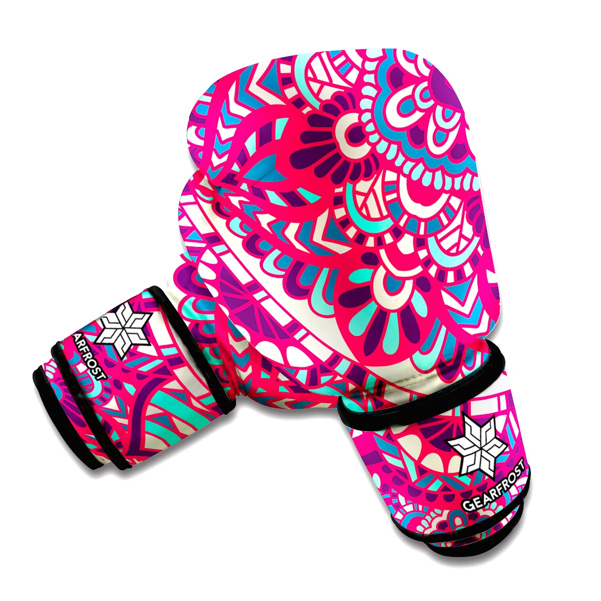 Pink Teal Bohemian Mandala Pattern Print Boxing Gloves