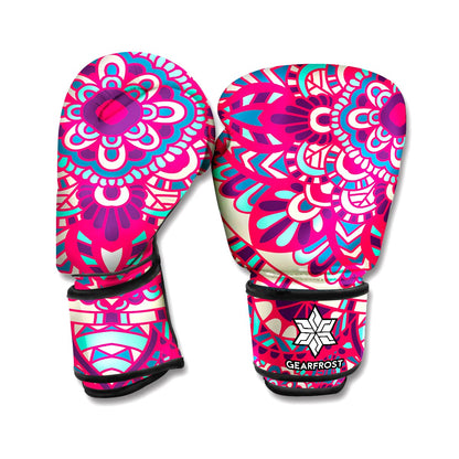 Pink Teal Bohemian Mandala Pattern Print Boxing Gloves