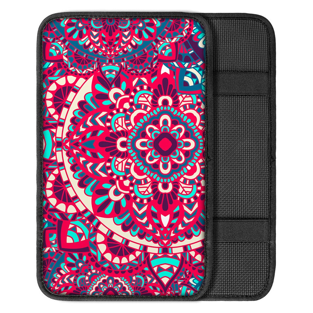 Pink Teal Bohemian Mandala Pattern Print Car Center Console Cover