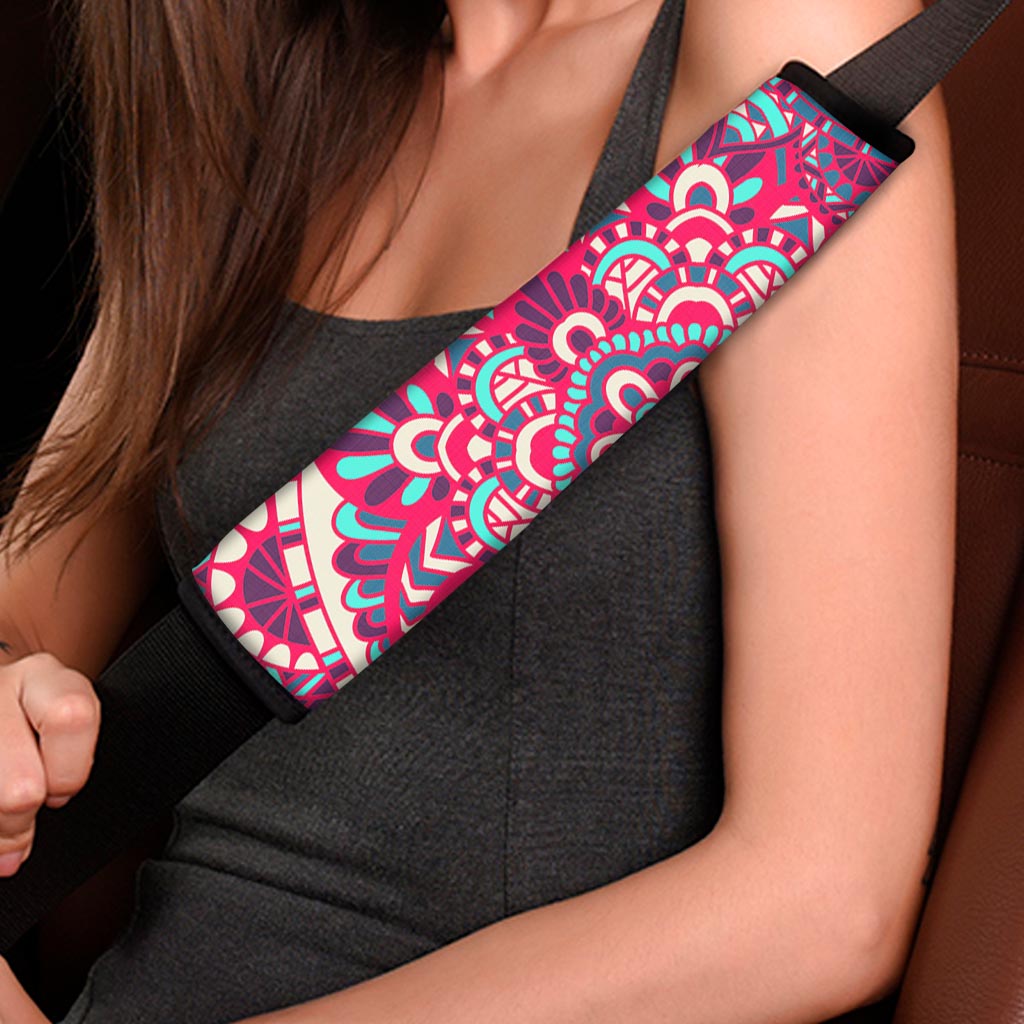 Pink Teal Bohemian Mandala Pattern Print Car Seat Belt Covers