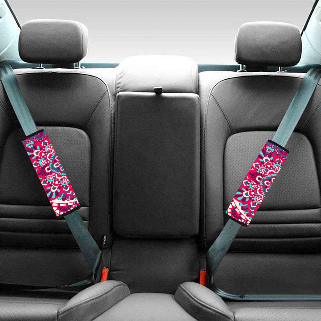 Pink Teal Bohemian Mandala Pattern Print Car Seat Belt Covers