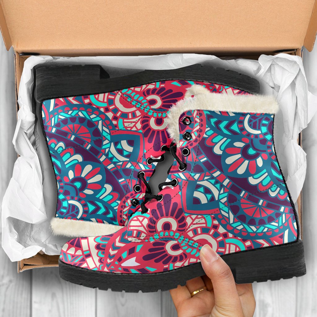 Pink Teal Bohemian Mandala Pattern Print Comfy Boots GearFrost