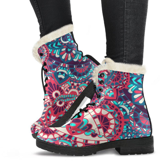 Pink Teal Bohemian Mandala Pattern Print Comfy Boots GearFrost