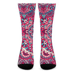 Pink Teal Bohemian Mandala Pattern Print Crew Socks