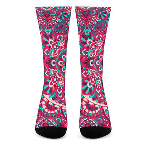 Pink Teal Bohemian Mandala Pattern Print Crew Socks