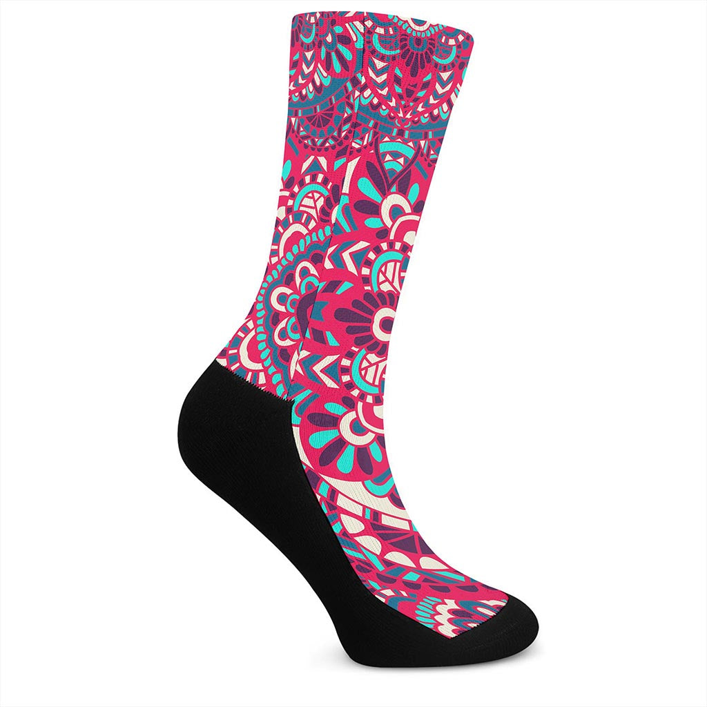 Pink Teal Bohemian Mandala Pattern Print Crew Socks