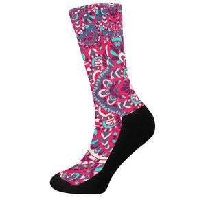 Pink Teal Bohemian Mandala Pattern Print Crew Socks