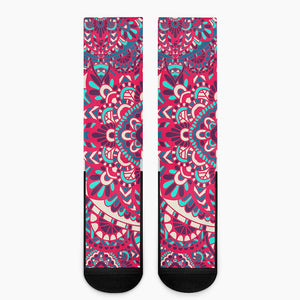 Pink Teal Bohemian Mandala Pattern Print Crew Socks