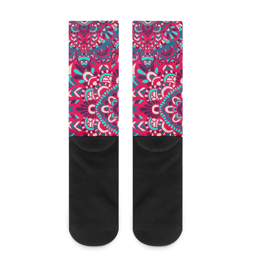 Pink Teal Bohemian Mandala Pattern Print Crew Socks