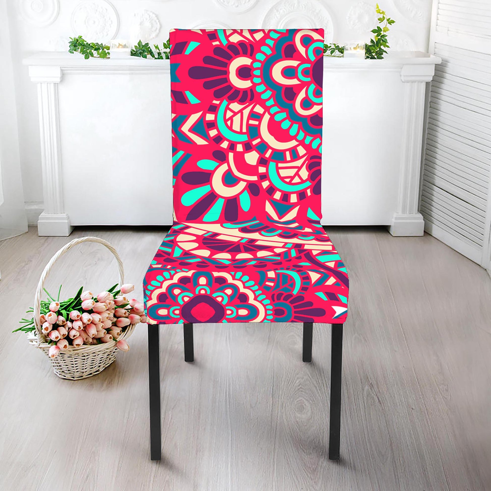 Pink Teal Bohemian Mandala Pattern Print Dining Chair Slipcover