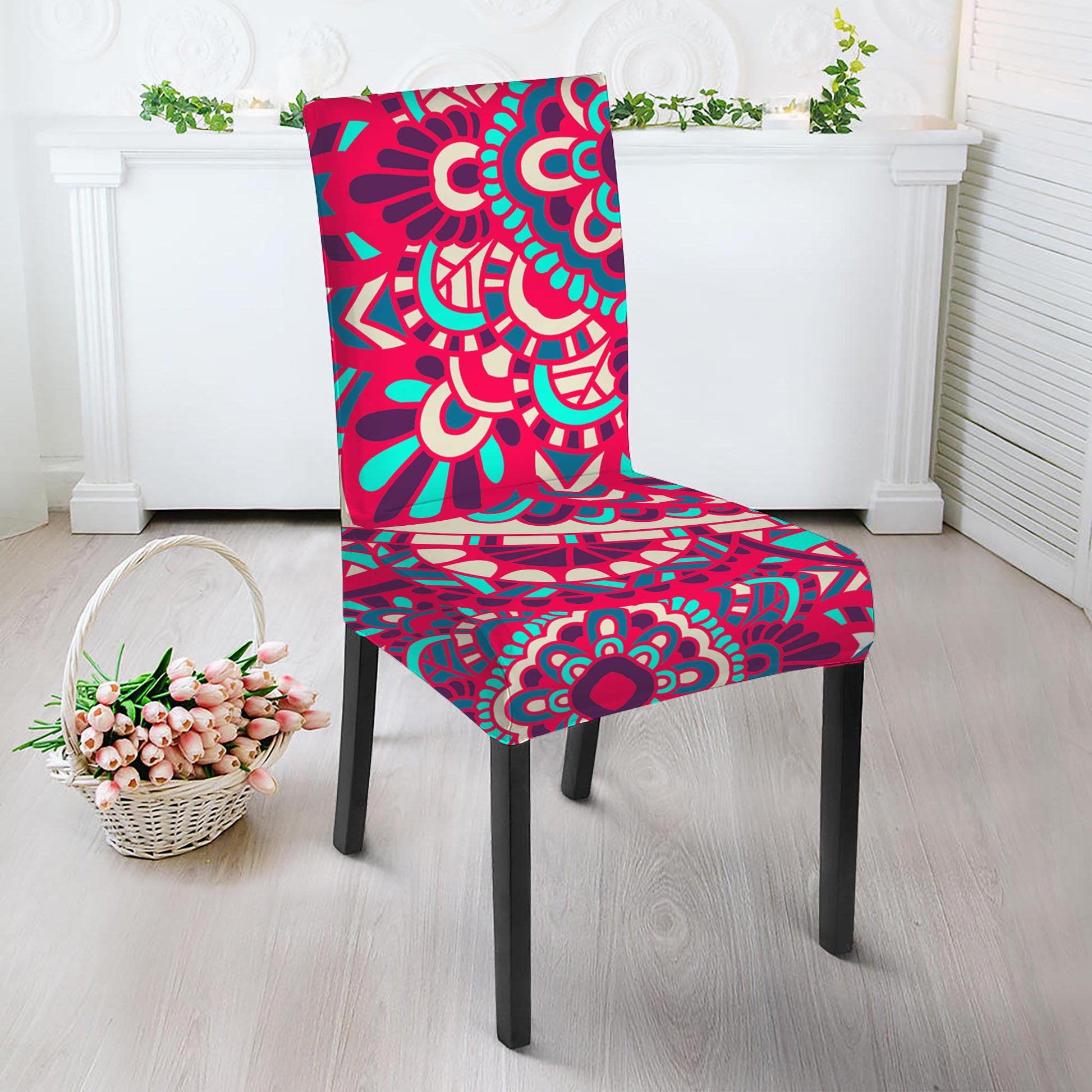 Pink Teal Bohemian Mandala Pattern Print Dining Chair Slipcover