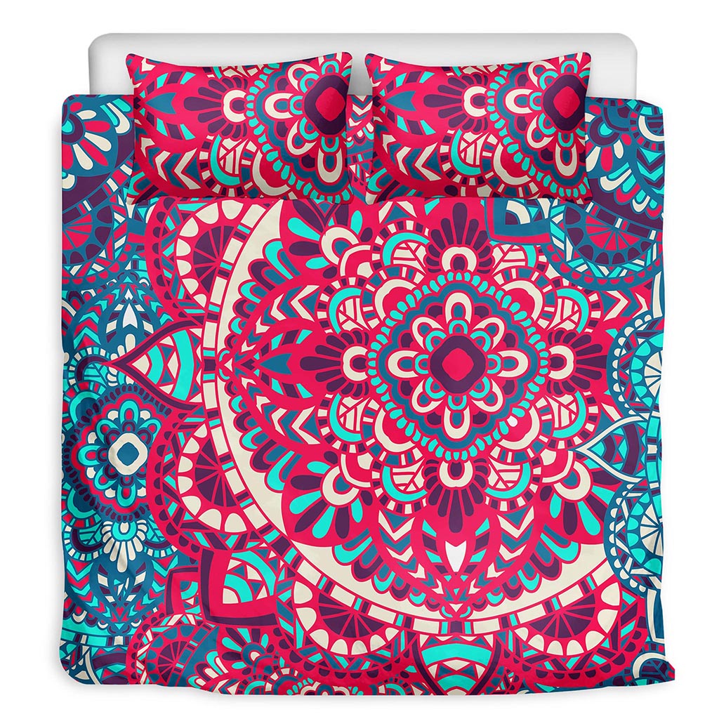 Pink Teal Bohemian Mandala Pattern Print Duvet Cover Bedding Set