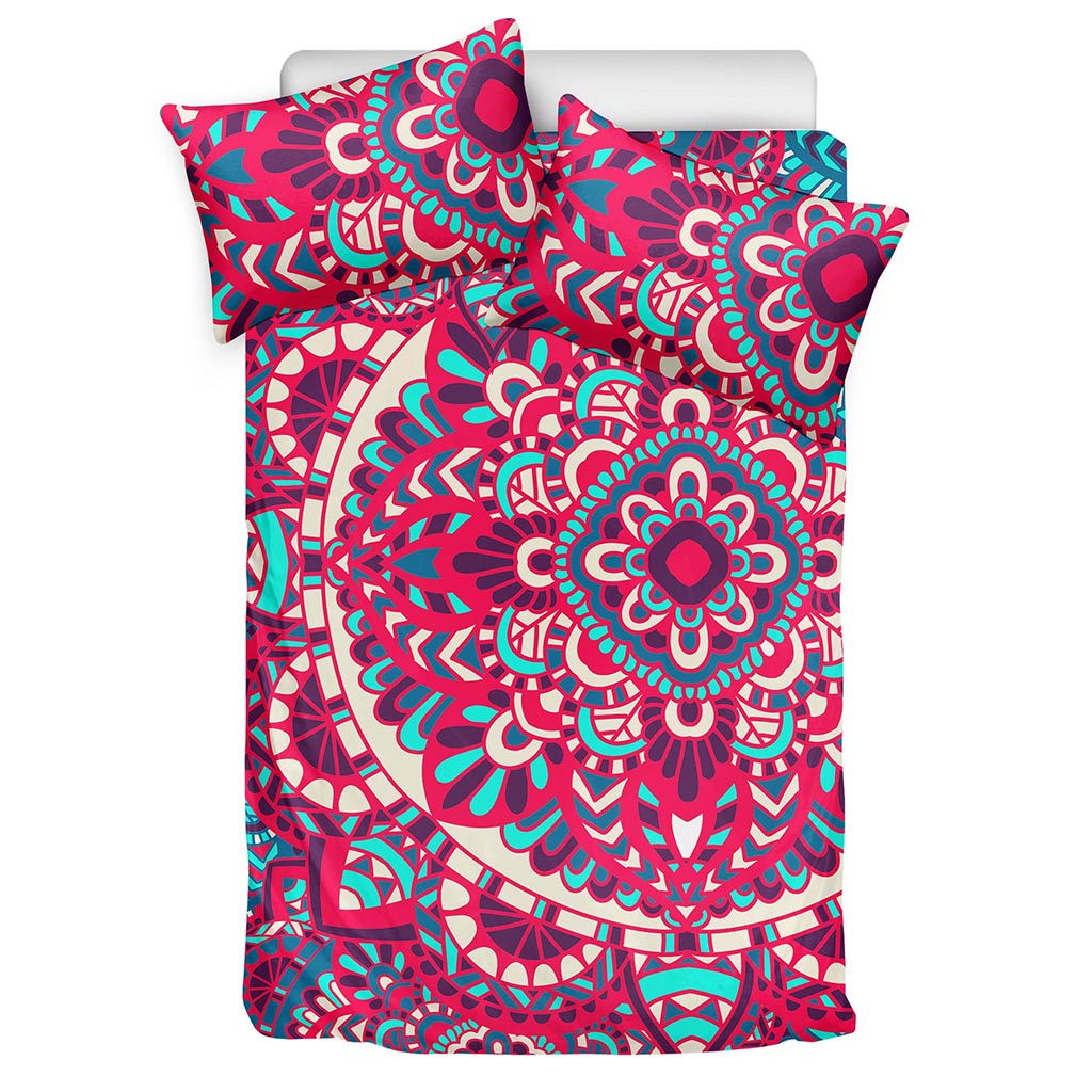 Pink Teal Bohemian Mandala Pattern Print Duvet Cover Bedding Set