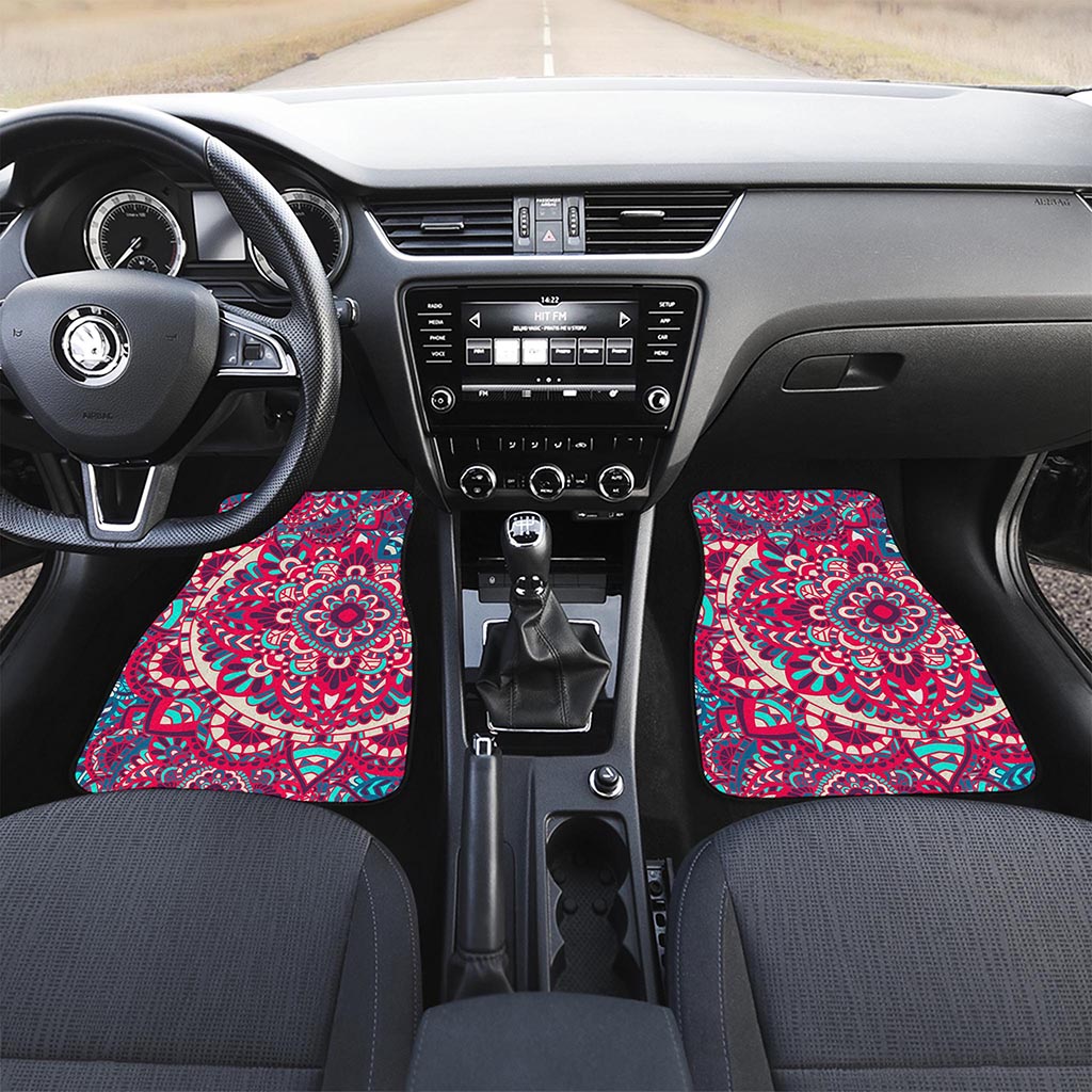 Pink Teal Bohemian Mandala Pattern Print Front and Back Car Floor Mats