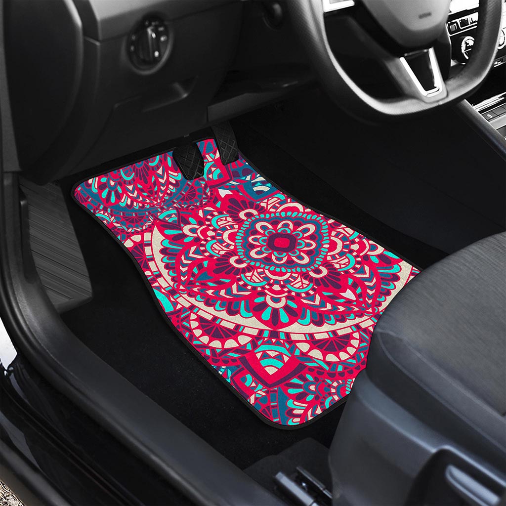 Pink Teal Bohemian Mandala Pattern Print Front and Back Car Floor Mats
