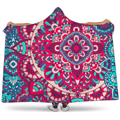 Pink Teal Bohemian Mandala Pattern Print Hooded Blanket