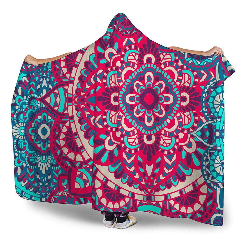 Pink Teal Bohemian Mandala Pattern Print Hooded Blanket