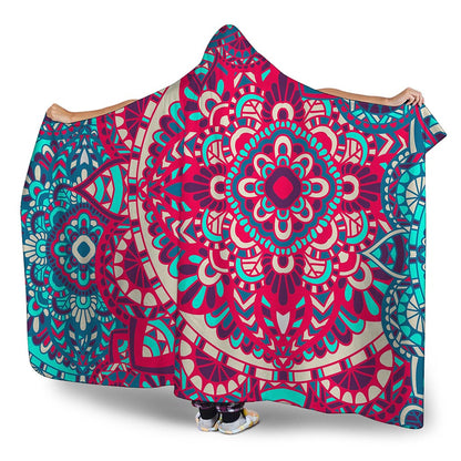 Pink Teal Bohemian Mandala Pattern Print Hooded Blanket