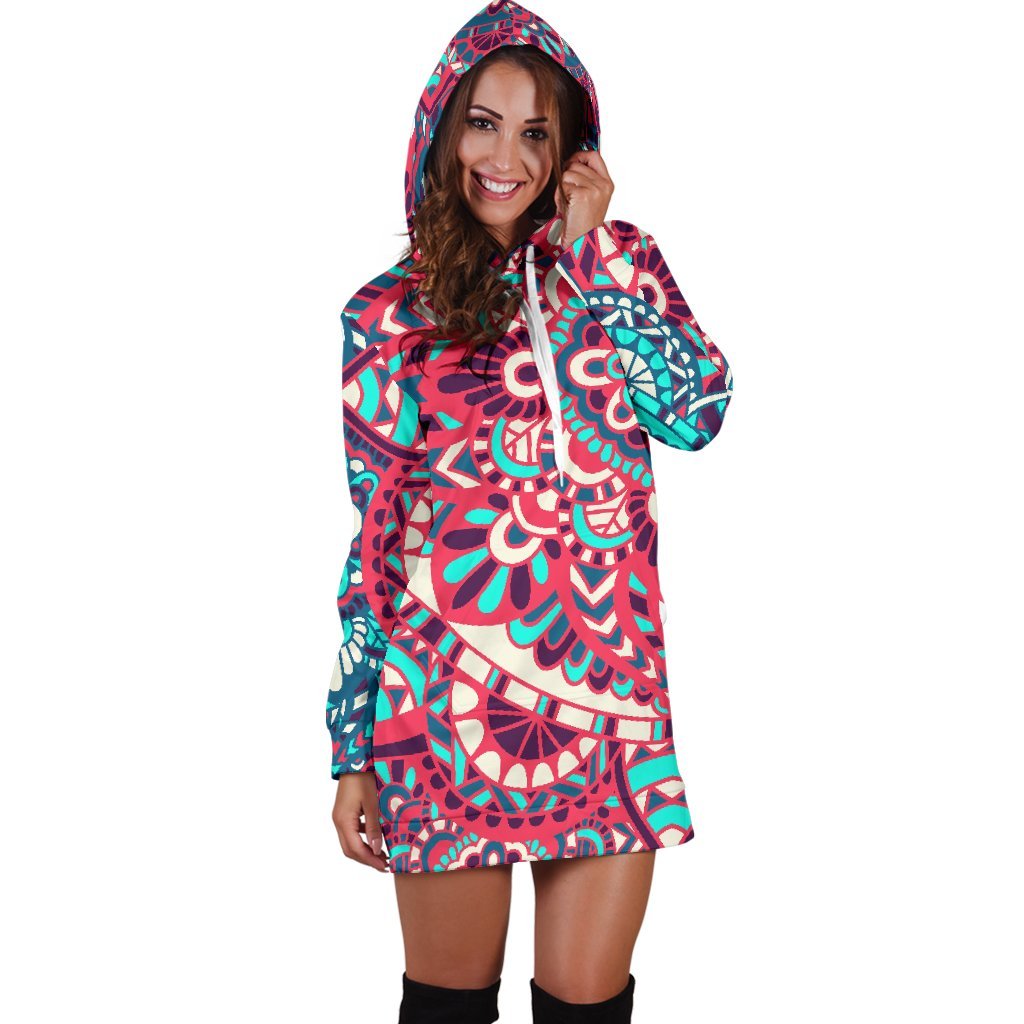 Pink Teal Bohemian Mandala Pattern Print Hoodie Dress GearFrost