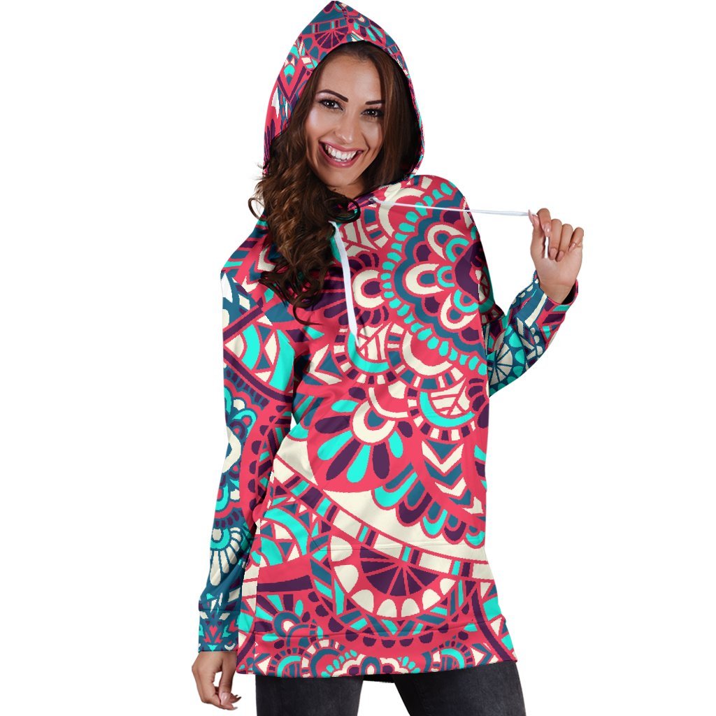 Pink Teal Bohemian Mandala Pattern Print Hoodie Dress GearFrost