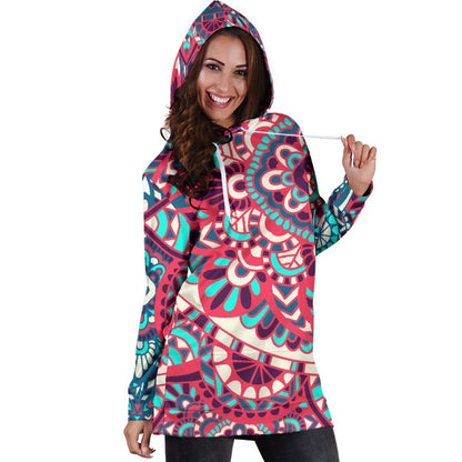 Pink Teal Bohemian Mandala Pattern Print Hoodie Dress GearFrost