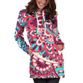 Pink Teal Bohemian Mandala Pattern Print Pullover Hoodie Dress