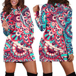 Pink Teal Bohemian Mandala Pattern Print Hoodie Dress GearFrost