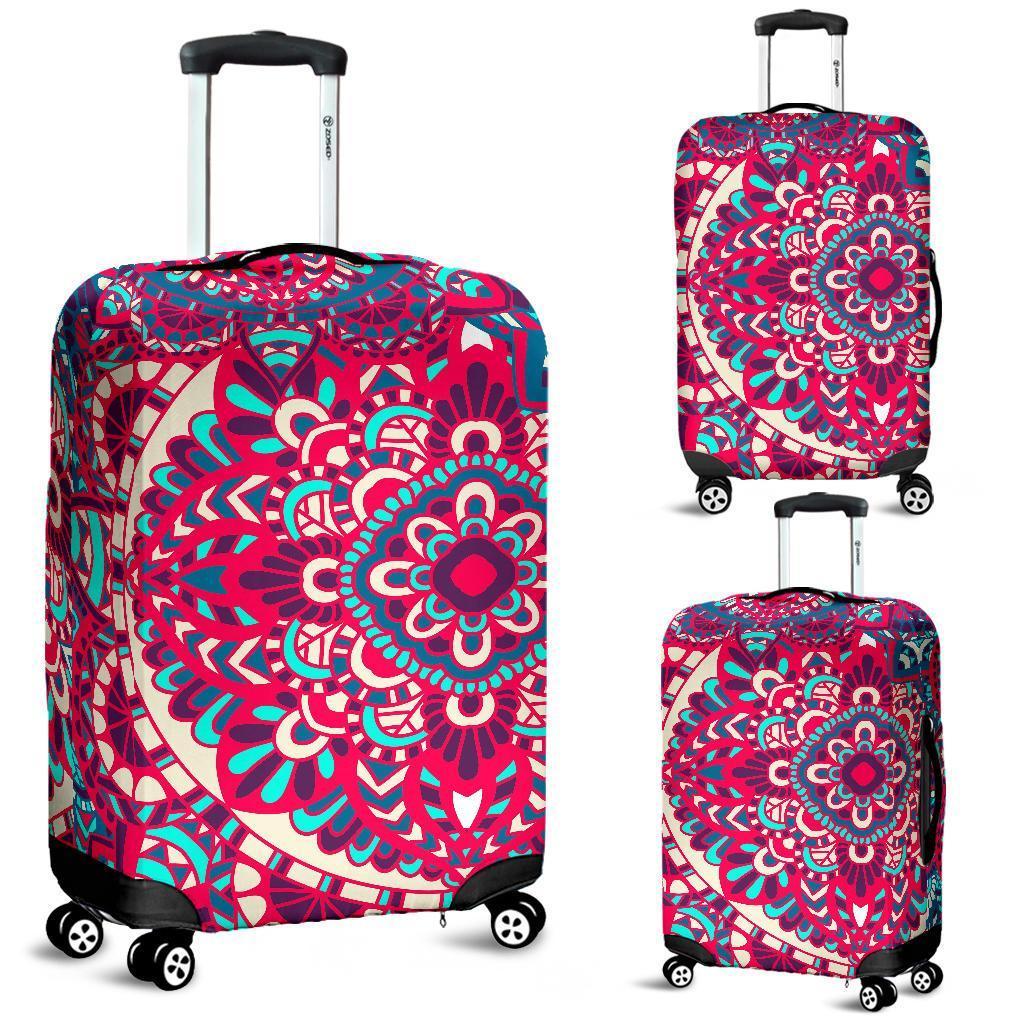 Pink Teal Bohemian Mandala Pattern Print Luggage Cover GearFrost