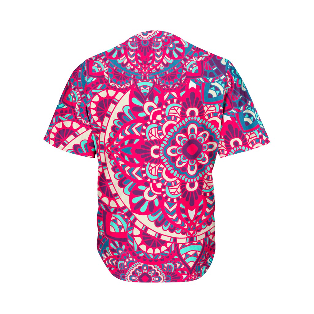Pink Teal Bohemian Mandala Pattern Print Men's Baseball Jersey