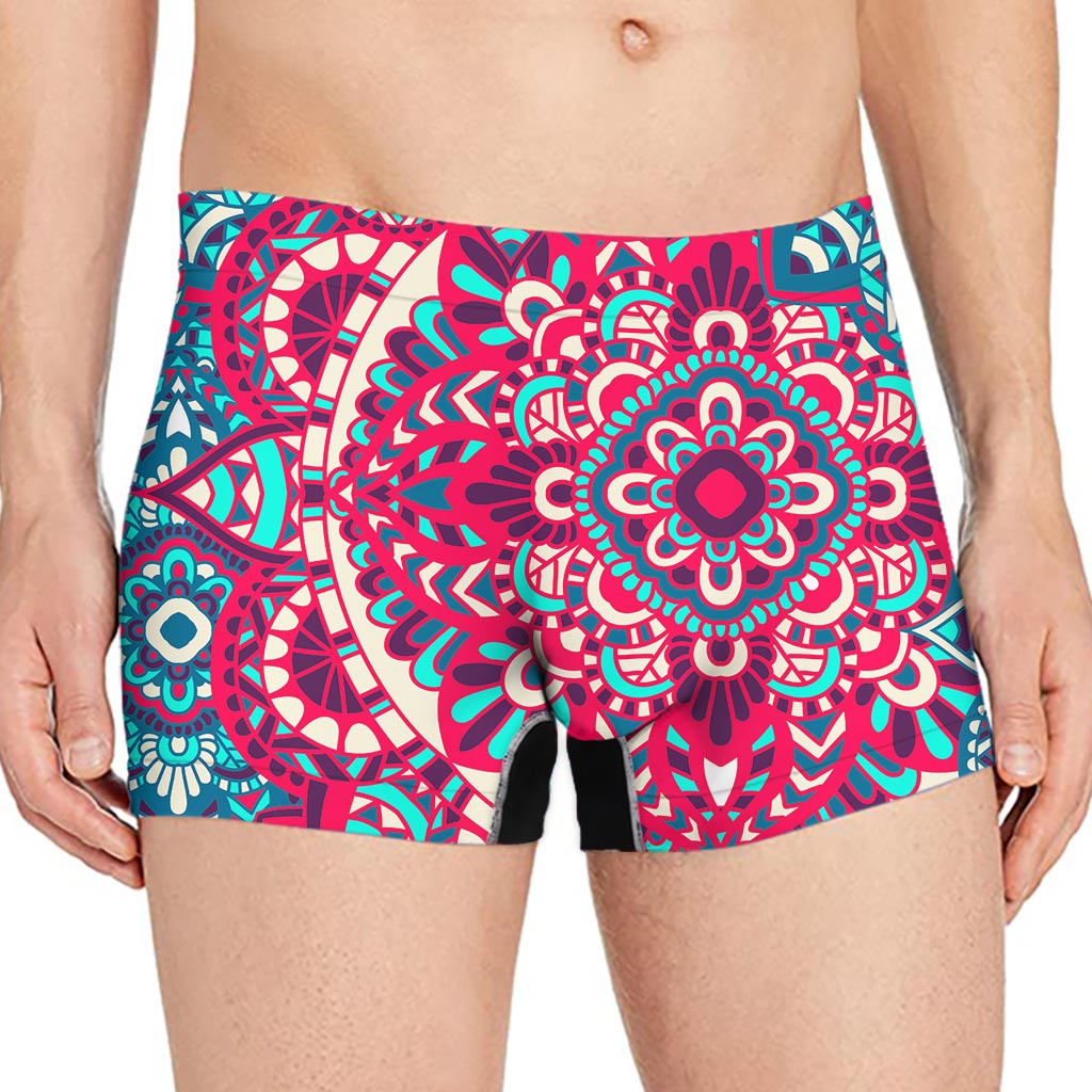 Pink Teal Bohemian Mandala Pattern Print Men's Boxer Briefs
