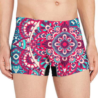 Pink Teal Bohemian Mandala Pattern Print Men's Boxer Briefs