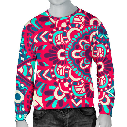 Pink Teal Bohemian Mandala Pattern Print Men's Crewneck Sweatshirt GearFrost