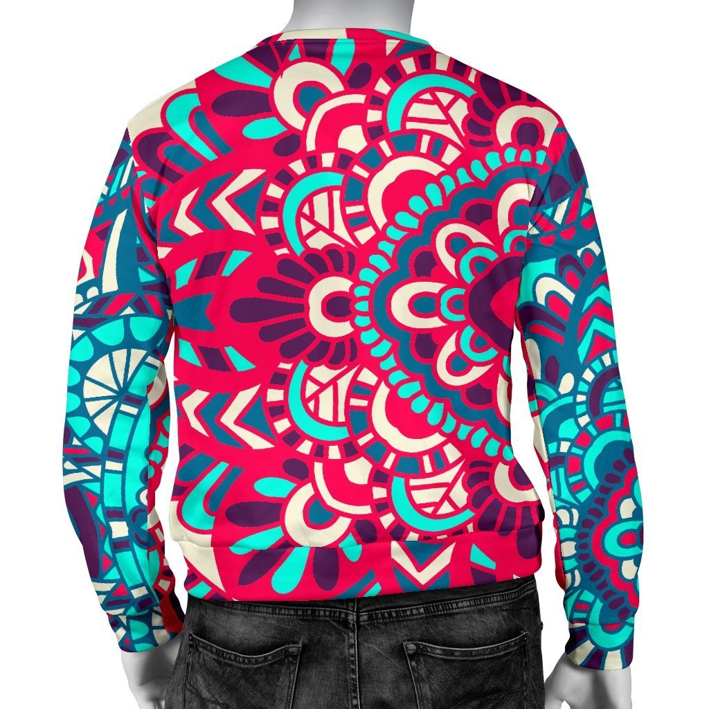 Pink Teal Bohemian Mandala Pattern Print Men's Crewneck Sweatshirt GearFrost