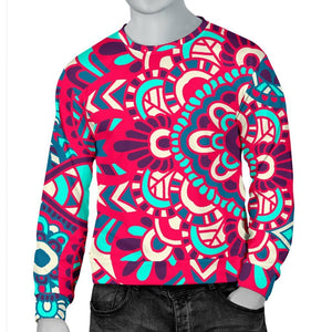 Pink Teal Bohemian Mandala Pattern Print Men's Crewneck Sweatshirt GearFrost
