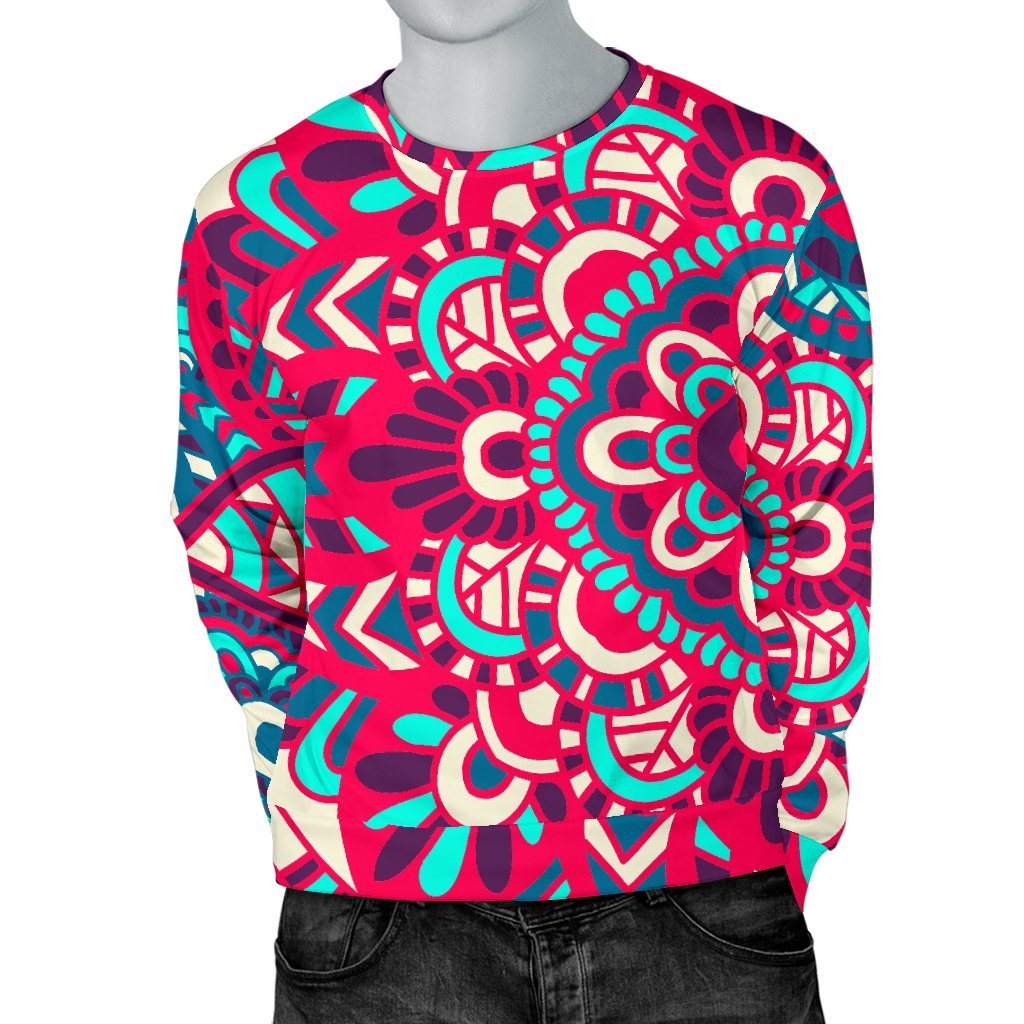 Pink Teal Bohemian Mandala Pattern Print Men's Crewneck Sweatshirt GearFrost