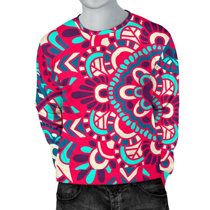 Pink Teal Bohemian Mandala Pattern Print Men's Crewneck Sweatshirt GearFrost